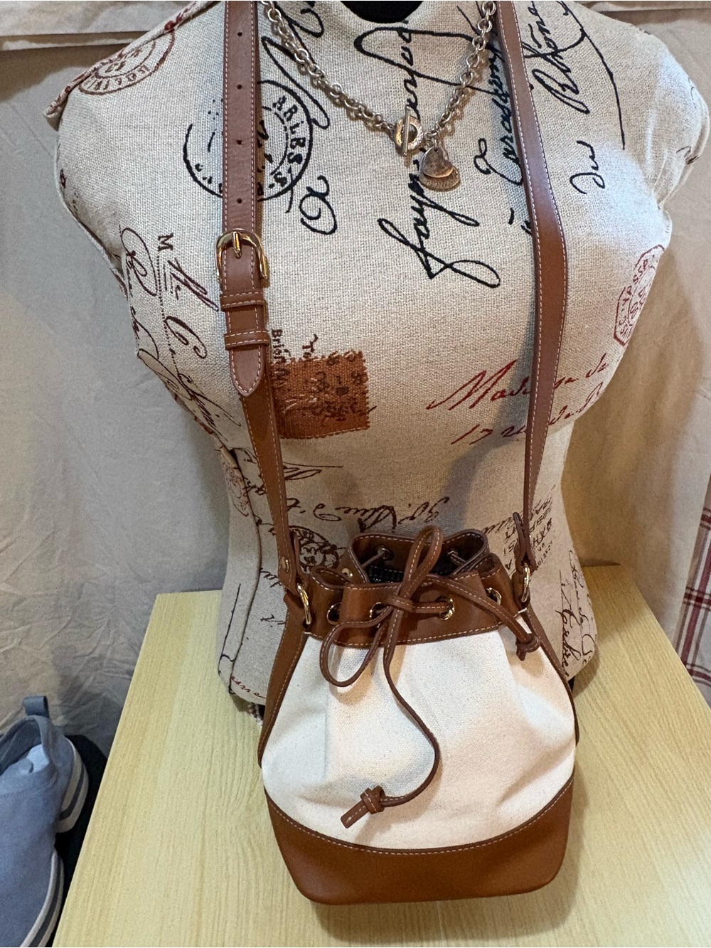 Vineyard Vines Cream Canvas and Brown Leather Drawstring Crossbody